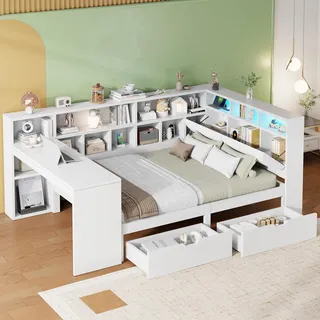 STILVORA Tagesbett 140x200 mit Schreibtisch und Bücherregal, L-förmiges Holz-Plattformbett mit LED-Licht gepolstertem Kopfteil, Schubladen unter dem Bett - Weiß