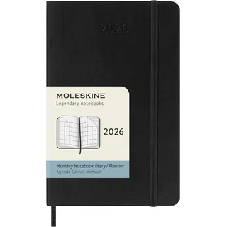 Moleskine Monatsplaner, Monatskalender 2026 12 Monate, Mit Weichem Einband und Elastischem Verschluss, Pocket-Format 9x14, Farbe Schwarz