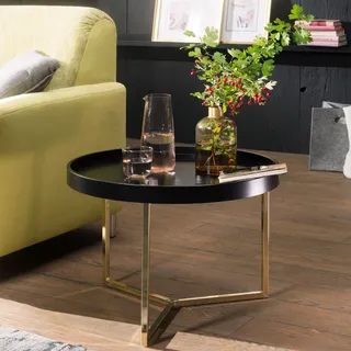 FineBuy Couchtisch 58,5x42x58,5cm Sofatisch Metall Rund Designer Retro Wohnzimmertisch modern Kleiner Loungetisch Schwarz / Gold - Schwarz
