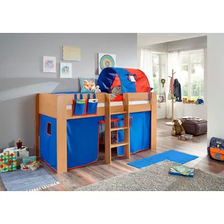 Hochbett RELITA "Andi", blau (buche dekor natur blau, rot), H:107cm, Spanplatte: Buche Nachbildung Melamin natur;Stoff: 100% Baumwolle (bei 30 C waschbar), Hochbetten, Hochbett, mit Rolllattenrost, Textil-Set und Leiter, pflegel. Dekor Oberfläche