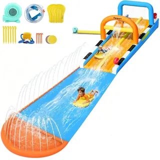 FBSPORT 10M Aufblasbare Wasserbahn | Wasser Hüpfburg Outdoor mit Doppelte Rennbahn, Rasen Wasserrutsche mit Sprinklern & 2 Bodyboards, Wasserpark Kinder Garten