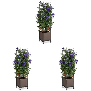 Relaxdays Pflanzkübel, Rankgitter, Rollen, HBT: 135x30x30 cm, Kunststoff, Stahl, Garten, Terrasse, Pflanzturm, anthrazit (Packung mit 3)