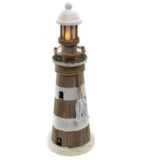 ELLUG Leuchtturm aus Holz mit flackernden LED-Lichtern und maritimen Details zum Stellen mit Timer-Funktion, H.: 35cm (Braun-Weiß)