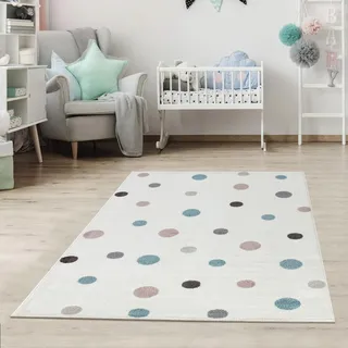 Jimri Kinderteppich DOTS l Pünktchen Gepunktet l Öko-Tex Siegel | Farbe: Beige Blau Rosa | Kinderzimmer/Jugendzimmer (Weiß, 160 x 230 cm)