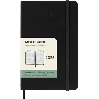 Moleskine 12 Monate Wochenkalender 2026, Pocket/A6, 1 Wo = 2 Seiten, vertikal, fester Einband, Schwarz