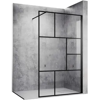 SONNI Walk-In Dusche 100x200cm Schwarz, 8mm Nano ESG, schwarzem Grid-Design | 8 mm Nano-ESG mit schwarzem Grid-Design, rahmenlose Walk-In-Lösung, Edelstahl-Stabilisator, links oder rechts montierbar