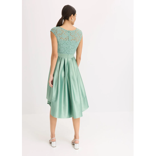 Vokuhila-Kleid BONPRIX, Damen, Gr. 48, N-Gr, grün (pastellgrün), Obermaterial: 100% Polyester. Futter: 100% Polyester. Spitze: 100% Polyester, festlich, ausgestellt, Kleider Vokuhila-Kleid, ausgestellte Passform, aus glänzendem Satin, mit Taillen-Einsatz