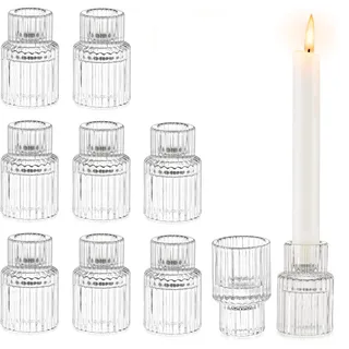 Glasseam Klein Stabkerzenhalter Glas, 10er Set Kerzenhalter für Stabkerzen, Gerippt Kerzenständer Weihnachten für Hochzeit Tischdeko, Chic Kerzenhalter Stabkerze für Halloween Geburtstag Deko