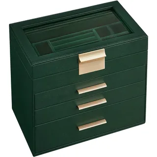 SONGMICS Schmuckkästchen, Schmuckkasten mit 4 Ebenen, Schmuckbox mit Glasdeckel, 3 Schubladen, für Sonnenbrillen, große Schmuckstücke, Schmuckaufbewahrung, modern, waldgrün-golden JBC161G01