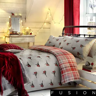 Fusion "Robin Classic Tartan-Vorder- und Vogel-Rückseiten-Bettbezug-Set, Baumwolle, Mehrfarbig, King Size