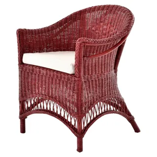 Rattansessel Landhaus Flechtsessel aus Natur-Rattan (Bordeaux Rot, mit Polster)