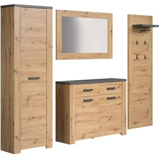 trendteam smart living - Follow - Garderoben-Set - Artisan Eiche/Matera - 4-teilig mit Schrank, Kommode, Paneel & Spiegel - 270 x 199 x 35 cm - ausziehbare Kleiderstange - Vollauszug-Funktion