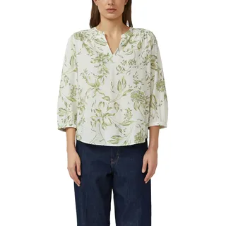 Druckbluse S.OLIVER, Damen, Gr. 42, weiß grün, Web, Obermaterial: 60% Viskose, 40% Baumwolle, geblümt, hüftbedeckend, Rundhals, abgesteppte Kante, Blusen Druckbluse, 3/4-Arm-Bluse mit Splitneck