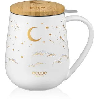 ecooe Teetasse mit Deckel und Sieb, 600 ml Keramik Tee Tasse Große Teetassen mit Teesieb und Deckel, Weiß Keramik Teebecher Set mit Henkel - Weihnachten Pärchen Geschenke