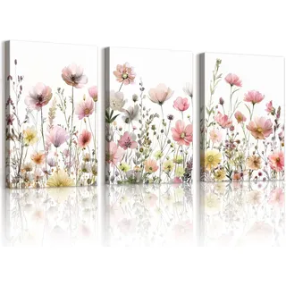 WENGTIAO 3 Stück Bunte Wilde Blumen Leinwand Bilder Kunstdrucke Gerahmtes Bild Rot Rosa und Gelb Geblümt Malerei auf Leinwand für Moderne Wohnzimmer Schlafzimmer Wanddeko 30x40cmx3
