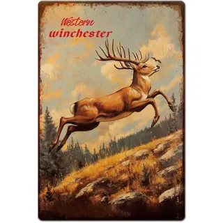 Hobbspring 1 Stück Vintage Metallblechschild 20x30cm Retro Eisen Western Winchester Hirschschild Rostige Optik Hirschplakette Poster Für Zuhause Büro Küche Bar Café Garten Wanddekoration