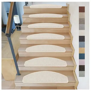 Metzker Stufenmatten Treppenteppich Göteborg 15 Stück Hellbeige | Sisal-Optik in aktuellen Farben incl. Klebeband | Trittfläche Halbrund 65x24cm