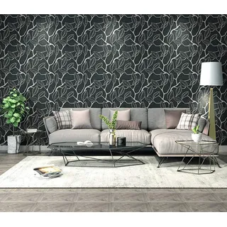 BUVU tapete 0.53x10m Vinyl Blumentapete, Floral Blätter Design Blumendekor, modernes Design, Loft Style, Abwaschbare, Schwarz