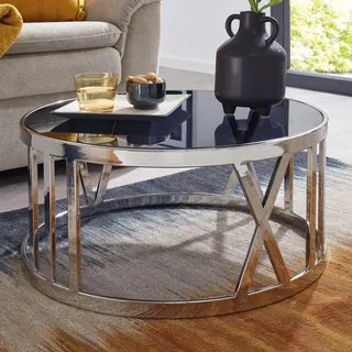 FineBuy Couchtisch Schwarz Glas Metall 60x60x30 cm Sofatisch Design Wohnzimmertisch Rund Kleiner Kaffeetisch Beistelltisch Anstelltisch Wohnzimmer - Silber