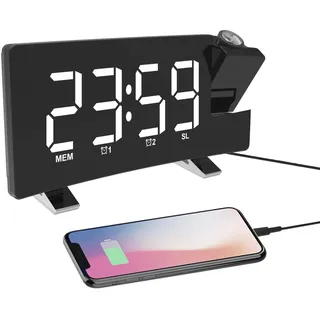 ThreeH Digitaler Projektionswecker UKW-Radiouhr mit USB-Ladegerät 2 Weckereinstellung 5'' großes Display Schlummerfunktion Weiß