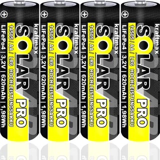 4 er Pack SOLAR pro Mignon AA Akkus - wiederaufladbare Batterien - 3,2V / 1,92Wh / 14505 - LiFePo4 Hochleistungs- Akku Batterie speziell für Solarlampen | Solar Lichterkette | Solarleuchte | Leuchte