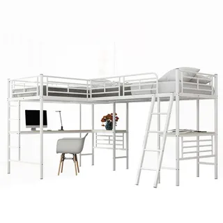 Komhtom Hochbett 90/200 cm in Weiß mit Doppeltreppe , Metall , Mode , Rechteckig , 90x200 cm , Babymöbel & Kindermöbel, Kinderzimmer & Jugendzimmer, Kinderbetten, Hochbetten