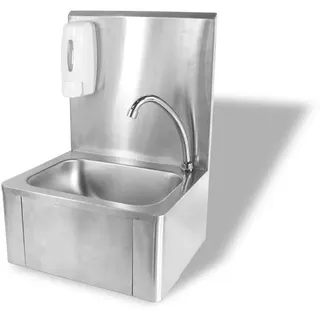 HENDI Waschbecken, mit Kniebedienung, inkl. Seifenspender, Anschlussmaterial, Aufkantung, Spülengröße: 335x235x(H)114mm, Abfluss: ø50mm, Spülbecken, Handwaschbecken, 400x330x(H)560mm, Edelstahl