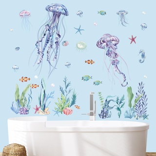 decalmile Wandtattoo Unter dem Meer Qualle Seetang Wandaufkleber Unterwasserwelt Fische Wandsticker Kinderzimmer Babyzimmer badezimmer Wanddeko