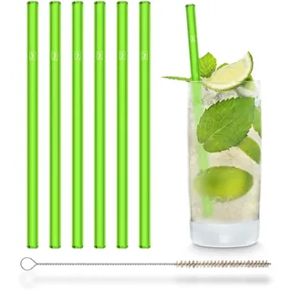 HALM Grüne Glasstrohhalme 6 Stück 20 cm Neon Grün für Kinder & Party + plastikfreie Reinigungsbürste - Spülmaschinenfest & Nachhaltig - Strohhalme aus Glas