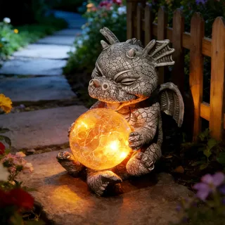 PORFOYO Drachen Figuren Gartendeko Für Draußen, Gartendrachen Figuren Deko Rundes Licht, Garten Deko Glücksdrache, Offene Tür Drache Figurens Deko Geburtstag Für Garten Deko