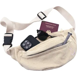 Eberhard Faber Bauchtasche Cord beige, Gürteltasche mit großem Hauptfach und Frontfach, Umhängetasche Damen und Herren