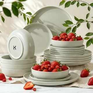 Konsimo Essservice Tafelservice VICTO Geschirrset Speiseteller Suppenteller Dessertteller 6 Personen (18-tlg.), matt beige/grün/grau - Beige, Grün, Grau
