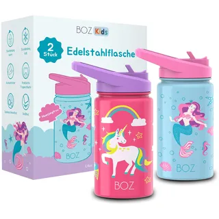 BOZ Isolierte Dino-Wasserflasche mit Strohhalm-Deckel – Doppelpack-Bündel, Einhorn und Meerjungfrau, Vakuumdoppelwand-Wasserbecher, Edelstahl, kratzfest, 414 ml