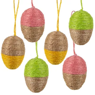 Ostereier-Anhänger, 6er Set: Kleine Osteranhänger mit Jute, Osterdeko zum Aufhängen, Deko Ostern, Für Osterstrauch, Frühlingsdeko, Braun, Rosa, Gelb & Grün, Modern, Indoor Osterschmuck hängend, 6 cm