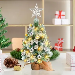 Jayseuw 40cm Mini Weihnachtsbaum mit 30 warmweiß LEDs, 8 Licht Modi, mit roter Deko, mit Stern-Baumspitze, Batterie betrieben, für Weihnachten, Silber - Silber