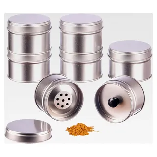 12er Set stapelbare Gewürzdosen mit Aromadeckel inkl. 12 Etiketten und 2 Streueinsätzen | Höhe: ca. 4,5 cm, Ø ca. 6,4 cm | Material: Weißblech | BPA-frei und lebensmittelecht