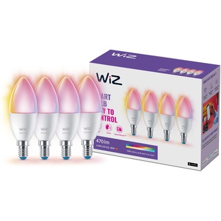 WiZ Tunable White and Color LED Lampen E14 4-er Pack (470 lm), 40 W Lampen mit 16 Mio. Farben oder warm- bis kaltweißem dimmbarem Licht, smarte Lichtsteuerung über WLAN per Stimme/App