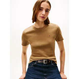 T-Shirt TOMMY HILFIGER "SLIM CODY C-NK SS", Damen, Gr. XXL (44), braun (hunter braun), Jersey, Obermaterial: 100% Baumwolle, unifarben, slim fit hüftlang, Rundhals, abgesteppt, Shirts T-Shirt, Baumwolle, slim fit