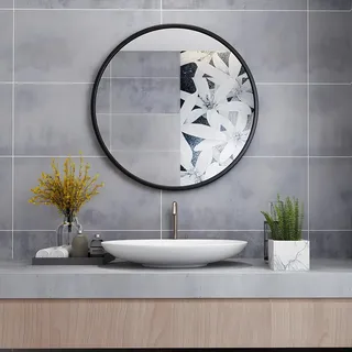 MIQU Badezimmerspiegel 50 x 50 cm Badspiegel ohne Beleuchtung Rund Spiegel Schwarz Metallrahmen Wandspiegel für Badezimmer, Wohnzimmer, WC 500mm