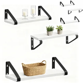 Relaxdays Wandregal, 6er Set, 3 Größen: 30, 35, 40 cm Breite, Holzoptik & Metall, Wandbretter für Bücher & Deko, weiß