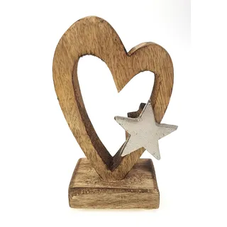 TEMPELWELT® Deko Figur Herz 15 cm, Mango Holz massiv Natur mit Stern Aluminium Silber, Dekoherz Herzaufsteller für Frühling Sommer Winter Hochzeitsdeko