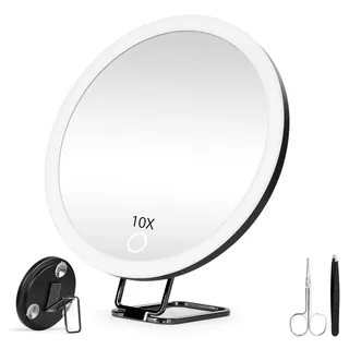 JJhxr 10X Vergrößerungsspiegel mit Licht,15.24 cm großer Makeup Vergrößerungsspiegel, 3 Farben Dimmbarer Makeup Spiegel mit 360° Tischständer, Tragbarer LED Vergrößerungsspiegel mit 3 Saugnäpfen