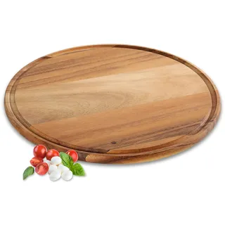 Zassenhaus Pizzateller 33cm Ø groß, Pizzaschaufel aus Nachhaltig angebauten Akazienholz, Holztablett rund mit Saftrille, Pizza Brett zum Servieren von Pizza oder Flammkuchen, Schneidebrett Holz