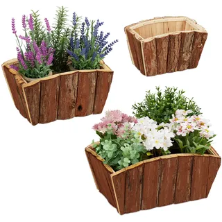 Relaxdays Blumenkasten 3er Set, natürliches Holz mit Rinde, Garten, Terrasse & Fensterbank, Deko zum Bepflanzen, Natur, 15 x 32 x 23 cm