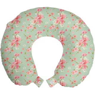 ABAKUHAUS Shabby Flora Reisekissen Nackenstütze, Retro Frühlings-Blüten, Schaumstoff Reiseartikel für Flugzeug und Auto, 30x30 cm, Mint Rosa - Rosa