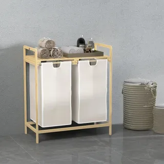 Homcom Wäschekorb 2 Fächer Wäschesammler mit Griff, 2 abnehmbaren Wäschesacke, Plattform, Wäschebox Wäschesortierer für Waschküche Schlafzimmer