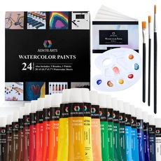 AEM Aquarellfarben-Set – Kunstzubehör-Set mit 24 Wasserfarbentuben, Pinselset, Papier und Palette/Pfanne für Wasserfarben