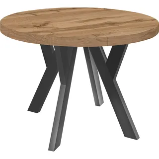 Runder Ausziehbarer Tisch für Esszimmer, PERO, Loft-Stil, Skandinavische, Durchmesser: 110 / 160 cm, Farbe: Eiche Wotan / Schwarz - Braun