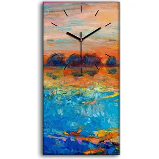 Wanduhr Leinwand Bild Uhr Geräuschlos 30x60 Landschafts Wasser See und Baum - schwarze Hände - Blau
