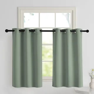 PONY DANCE Scheibengardinen Küche Kurze Vorhänge Salbeigrün Blickdicht Bistrogardine 2er Set H 100 x B 90 cm Verdunklungsvorhänge mit Ösen Gardinen für Kleine Fenster